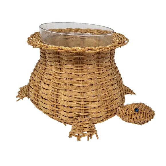 Vintage Wicker Turtle Basket Planter With Insert Made In Taiwan 4 Inch Pot - Picture 1 of 11